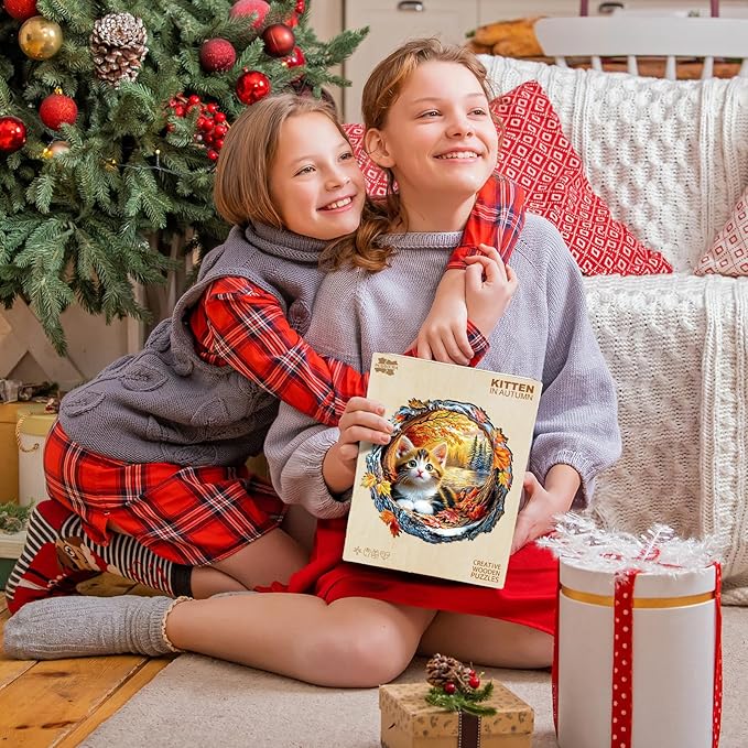 Wooden Puzzles for Adults - Kitten in Autumn Wooden Jigsaw Puzzle, Unique Animal Shaped Wood Puzzles Adult, Christmas Birthday Gifts for Friends/Family, Home Decor 11.4 * 11.3in 190pcs