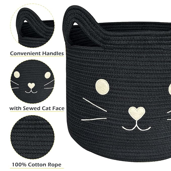 VK VK·LIVING Large Cat Toy Basket with Handles 15" Lx14 H Cotton Rope Toy Box with Black Cat Design, Gift Basket for Laundry, Baby, Towels, Blankets, Woven Cotton Rope Animal Storage Organizer