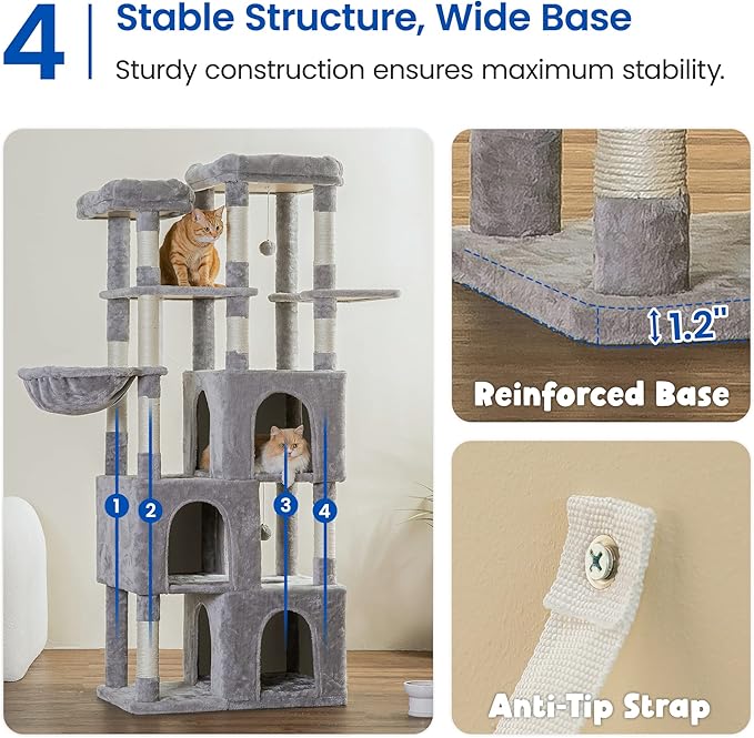 MWPO Extra Large Cat Tree - 70.1-Inch Tall Cat Tower with 3 Cat Condos, Multi-Level Cat Stand for Large Cats Featuring Scratching Posts, Padded Perches, Hammock, Dangling Toys, Light Grey