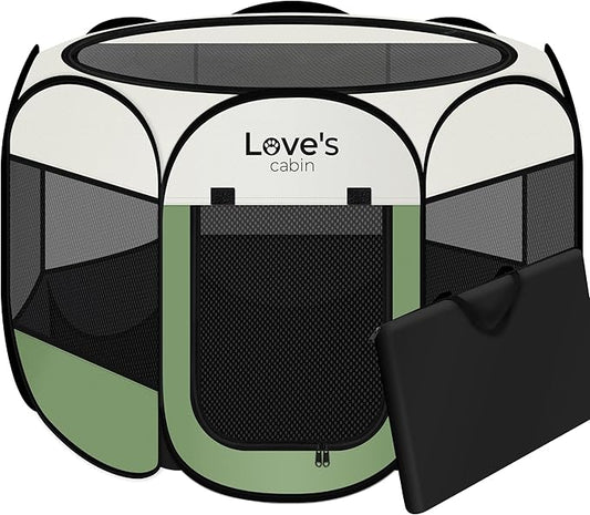 Love's cabin Pet Puppy Dog Playpen, Medium Dog Tent Crates Cage Indoor/Outdoor, Portable Playpen for Cat, Foldable Pop Up Dog Kennel Playpen with Carring Case, Removable Zipper Top, Olive Green