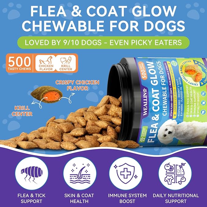 Flea and Tick Prevention for Dogs, Dog Flea Treatment with Skin & Coat Support 500 Crunchy & Krill Chews Dog Flea and Tick Treatment Chewable for Immunity & Energy for All Breeds & Ages Chicken Flavor