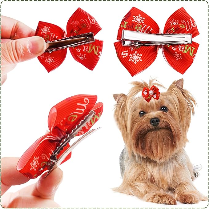 PET SHOW 20pcs Christmas Dog Hair Bows with Alligator Clips for Small Medium Dogs Bowknot Hair Clips Cat Puppy Yorkshire Grooming Hair Accessories for Xmas Party Costumes Assorted Randomly
