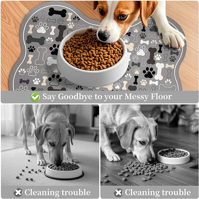 Dog & Cat Food Mat Bone Shaped Pet Feeding Mat Quick Absorb Water Bowl Placemat with Rubber Backing Indoor Floor Stain Resistant Pet Accessory Supplies (Gray, 12x24 Inches)