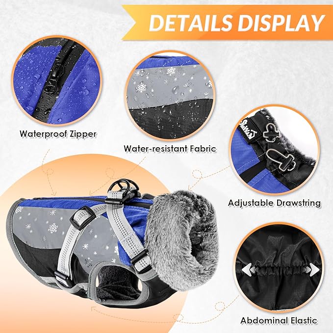 SlowTon Dog Jacket with Harness Built in - Waterproof Fleece Winter Warm Dog Coats for Small Medium Dogs, Reflective Adjustable Furry Puppy Vest Clothes for Outdoor Walking (Blue,XL)