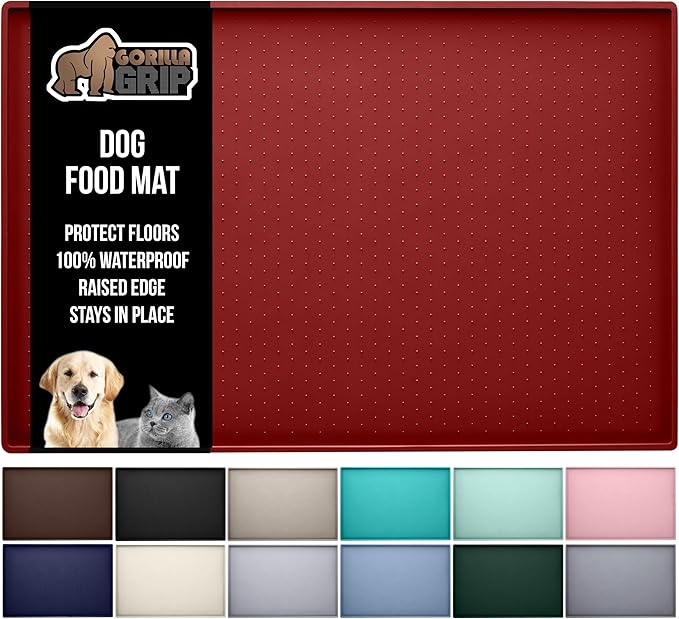 GORILLA GRIP 100% Waterproof Raised Edge BPA Free Silicone Pet Feeding Mat, Dog Cat Food Mats Contain Spills Protects Floors, Placemats for Cats and Dogs Water Bowl, Pets Accessories 16x10, Red