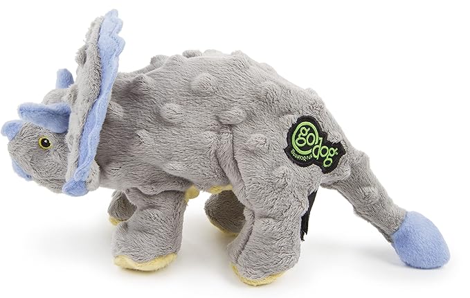 goDog Dinos Frills Squeaky Plush Dog Toy, Chew Guard Technology - Gray, Small