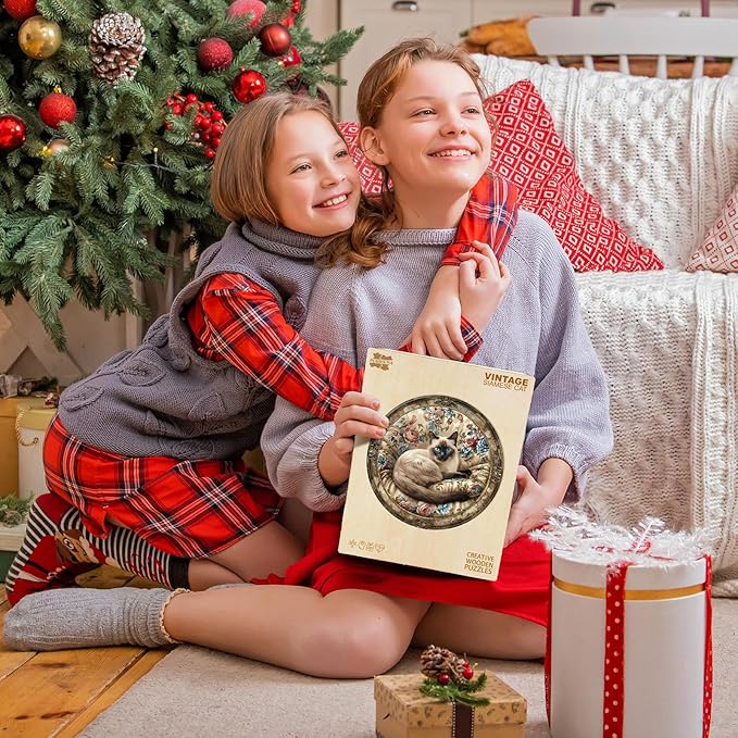 Wooden Puzzles for Adults - Vintage Siamese Cat Wooden Jigsaw Puzzle, Unique Animal Shaped Wood Puzzles Adult, Christmas Birthday Gifts for Friends/Family, Home Decor 13.4 * 13.4in 300pcs