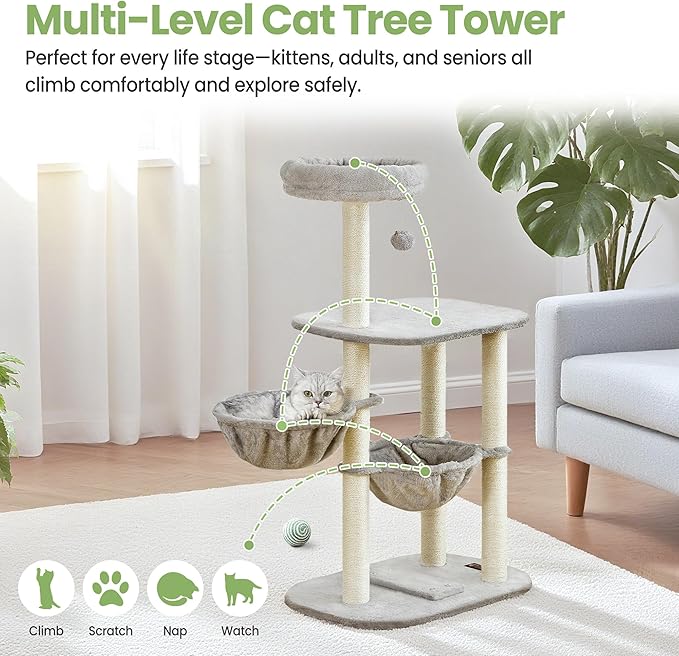 Cat Tree Tower for Indoor Cats Large Adult - 42 Inch Small Cats Condo Bed with Scratching Post Hammock Perch - Medium Multi Level Cat House for 2 Kitty Kitten - Grey Tall Climbing Towers Furniture