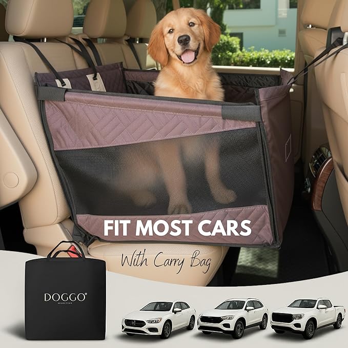 Premium Dog Car Seat & Back Seat – Waterproof & Non-Slip Travel Hammock with Storage Pockets | Secure & Comfortable Pet Seat Cover for Medium Dogs – Fits Cars, SUVs & Trucks (Brown)