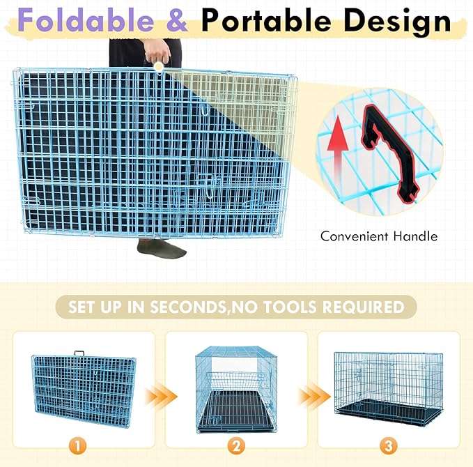 PayLessHere Small Dog Crate Kennel 24 inches Metal Dog Cage Double-Door Folding Travel Indoor Outdoor Puppy Playpen with Divider and Handle Plastic Tray,Blue