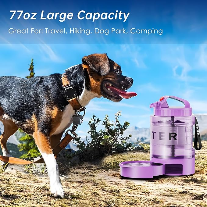 77oz Dog Water Bottle with Dispenser Bowl, 2200ml Capacity, Purple, Portable Pet Travel Bottle with Strap
