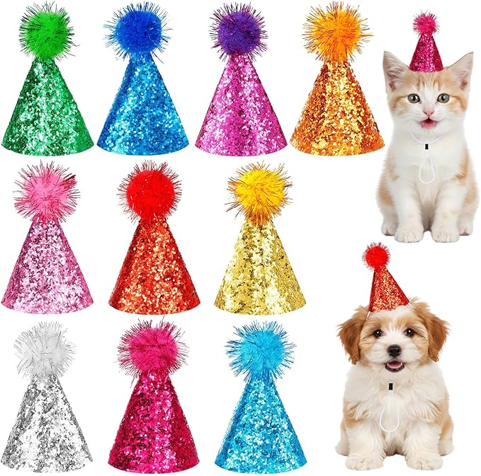 10 Pcs Mini Cat Birthday Party Hats with Pompoms colorful sequins, Puppy Holiday Wedding Hats, Cute Pet Costume Hat Accessories for Small Dogs Kittens Rabbits Stuffed Animals (Small, sequined pom-pom)