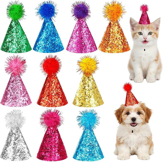10 Pcs Mini Cat Birthday Party Hats with Pompoms colorful sequins, Puppy Holiday Wedding Hats, Cute Pet Costume Hat Accessories for Small Dogs Kittens Rabbits Stuffed Animals (Small, sequined pom-pom)