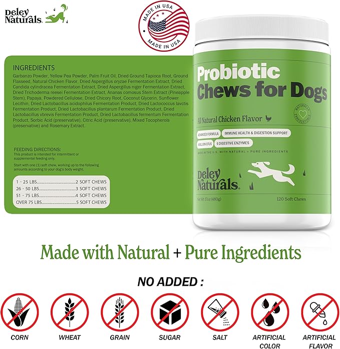 Deley Naturals Dog Probiotic Chews - Dogs Probiotic for Digestive Health with 4 Billion CFUs & Digestive Enzymes - Anti Diarrhea for Dogs - Dog Gut Health Probiotics for Allergies - Made in The USA