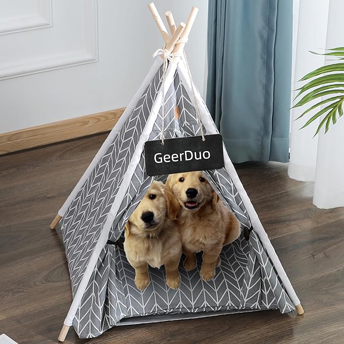 Pet Teepee, Portable Pet Tents for Small Dogs or Cats, Puppy Sweet Bed Washable Dog or Cat Houses with Cushion(Grey,24in)