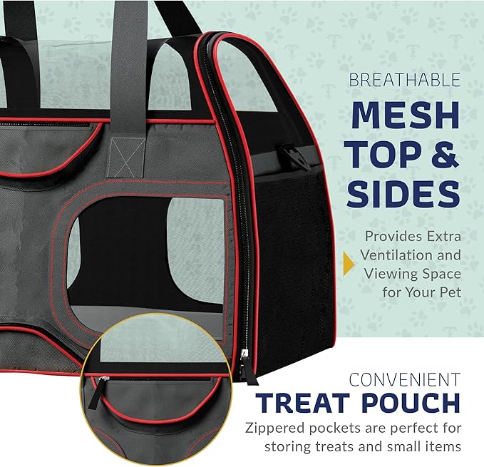 TSA and Airline Approved Pet Carrier with Wheels Katziela Luxury Rider for Dogs Cats Removable Base Flexible Top to Fit Under Seat Rolling Travel Bag (Black/Red)