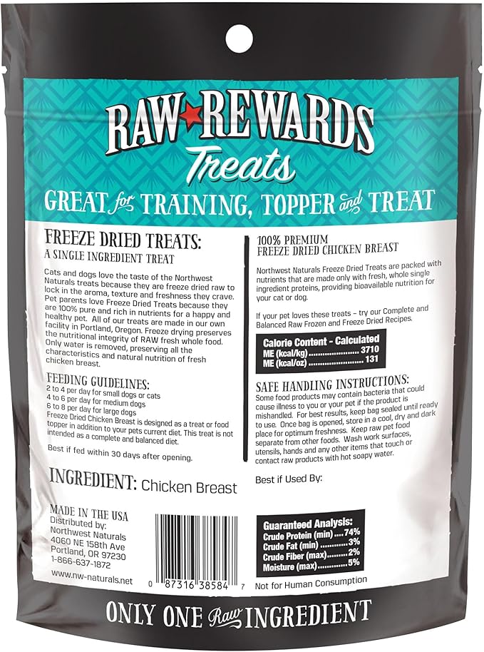 Northwest Naturals Raw Rewards Freeze-Dried Chicken Breast Treats for Dogs and Cats - Bite-Sized Pieces - Healthy, 1 Ingredient, Human Grade Pet Food, Natural, Proudly Made in USA, 10 Oz (Pack of 3)
