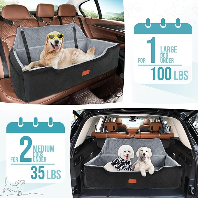Large Dog Car Seat Under 100 lbs, Washable Dog Car Bed for 2 Medium Dogs, Detachable Pet Booster Seat with Storage Pocket and Seat Belt for Back Seat Dog Travel Bed