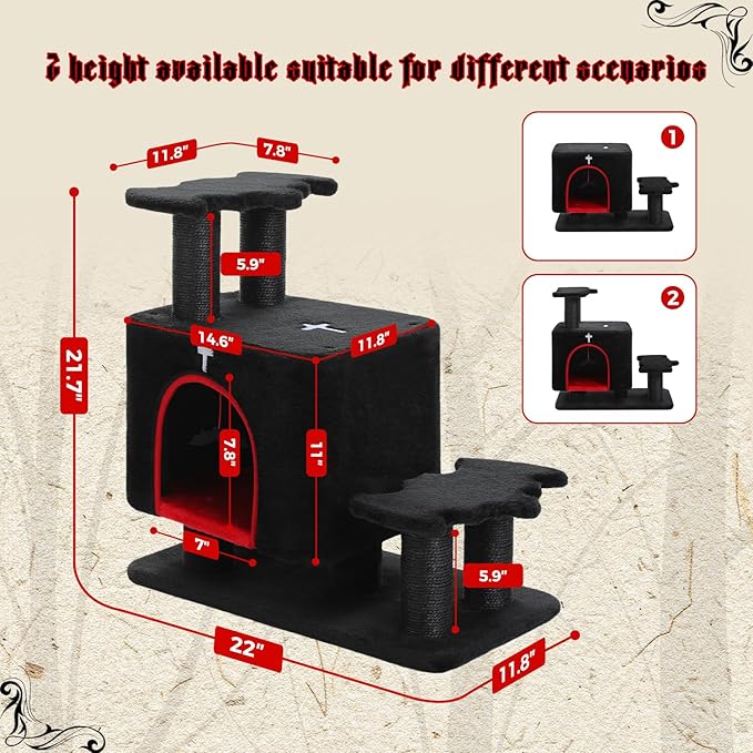 Gothic 3-in-1 Dog Stairs & Cat Scratching Post with Condo - Pet Steps for High Beds, Sofa & Couch, 3-Tier Cat Tower with Sisal Scratching Pad for Small Dogs, Cats & Kittens, Black