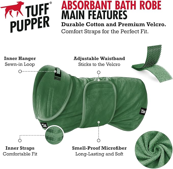 Tuff Pupper Fast Drying Dog Bath Robe | 800 GSM Plush Dog Towel Bathrobe/Dressing Gown | Super Absorbent Pet/Puppy Bathrobe | Adjustable Hood & Belly Strap | Super Soft | Fast Drying (S, Green)
