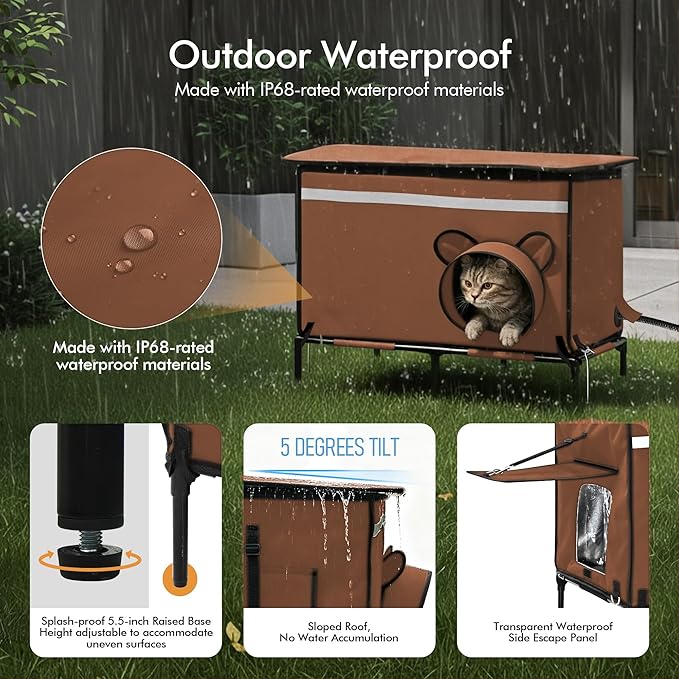 Heated Outdoor cat House for Outside, Weatherproof Insulated Feral Cat Shelter with Timer-Temp Control Heating Pad in Winter, Large Elevated Outdoor Cat House with Zipper, 2 Doors, Safety- Deep Brown