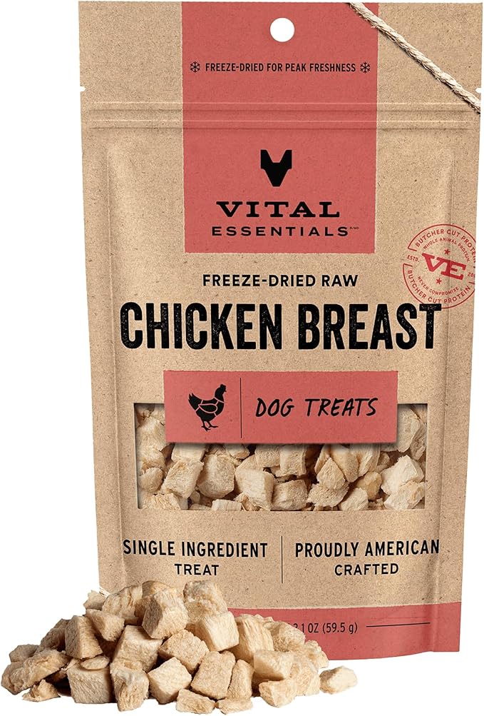 Vital Essentials Single Ingredient Chicken Breast Dog Treats, 2.1 oz | Freeze-Dried Raw | Premium Quality High Protein Training Treats | Grain Free, Gluten Free, Filler Free