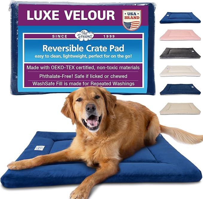 Pet Dreams Dog Crate Pad - Washable Kennel Mat, Crate Pads for Dog Cages, Non-Toxic, Flat Indoor Cat Bed, Fits iCrate 18, 24, 30, 36, 42, 48 Inches (Blue, Medium, 30")