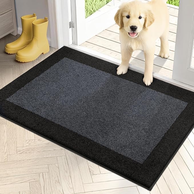 PURRUGS Dirt Trapping Door Mat 24" x 36", Non-Slip/Skid Machine Washable Entryway Rug, Shoes Scraper, Throw Rug, Super Absorbent Area Rug for Muddy Wet Shoes and Paws, Bluish Grey & Charcoal