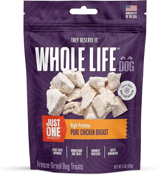 Whole Life Dog Just One Chicken Freeze Dried Dog Treats - Human Grade High Protein Food, Healthy Training Snacks, Freeze Dried Food Toppers, USA Made Natural Treats - 4 oz (Value Pack of 1)