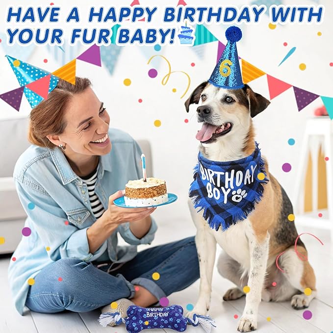 SCENEREAL Dog Birthday Party Supplies, Dog Birthday Bandana Hat Toy Bow Tie Collar Set with Birthday Numbers, Pet Birthday Scarf Accessories Outfit Decorations for Boy Girl Large XL Dogs