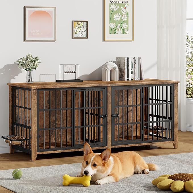 Lulive 78" Dog Crate Furniture for 1 Large or 2 Small/Medium, Extra Large Dog Kennel Indoor with Removable Divider & Adjustable Height Dog Bowls, Heavy Duty Wooden Double Dog Cage as TV Stand, Brown