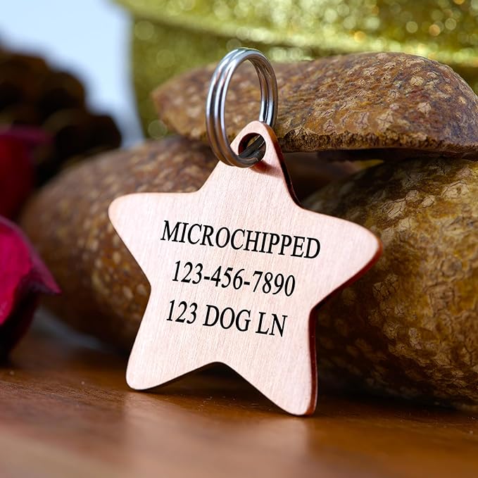 Ultra Joys Cat ID Tag Personalized Pet Tags, Durable Stainless Steel Small Pet Mini Dog Cat Tag Lightweight - Star Tag in Rose Gold