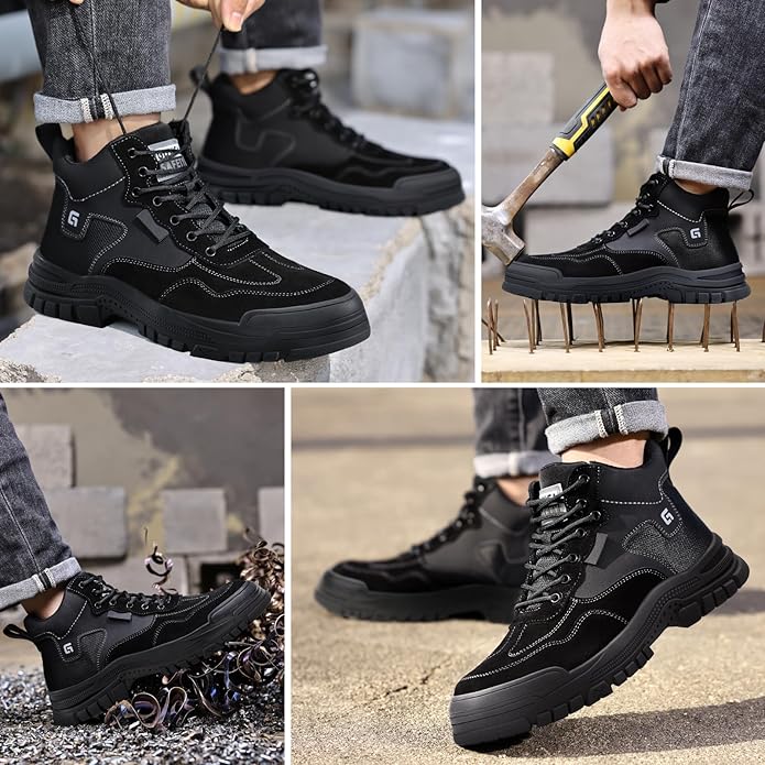 Steel Toe Boots for Men Indestructible Steel Toe Shoes Breathable High Top Work Boots for Men Lightweight Safety Shoes Non Slip Work Shoes Industry Construction Safety Boots