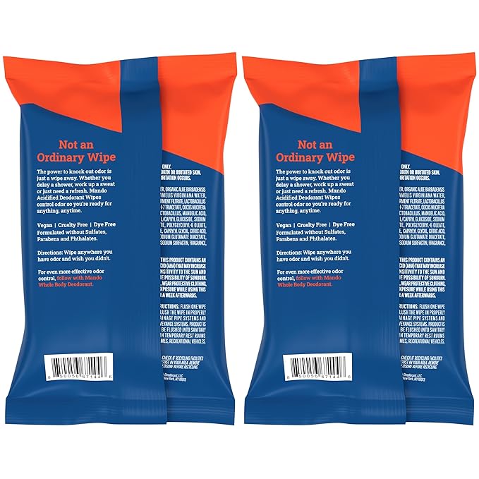 Mando Deodorant Wipes - 24 Hour Odor Control - Aluminum Free, Baking Soda Free, Skin Safe - 45 Count (2 Pack)