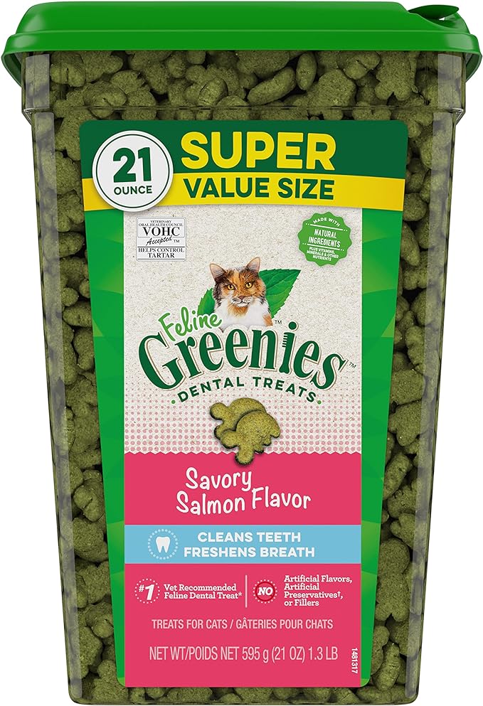 Greenies Feline Adult Dental Cat Treats, Savory Salmon Flavor, 21 oz. Tub