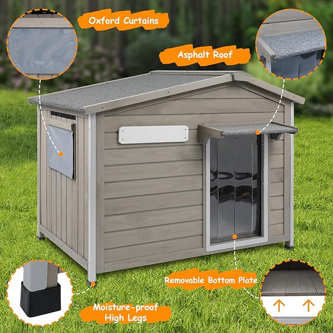 Large Outdoor Dog House Waterproof for Small to Large Sized Dogs with Openable Asphalt Roof, Anti-Chewing Iron Frame, Window, Weatherproof Indoor Outside Kennel Puppy Shelter (40" L*26.4" W*33.5" H)