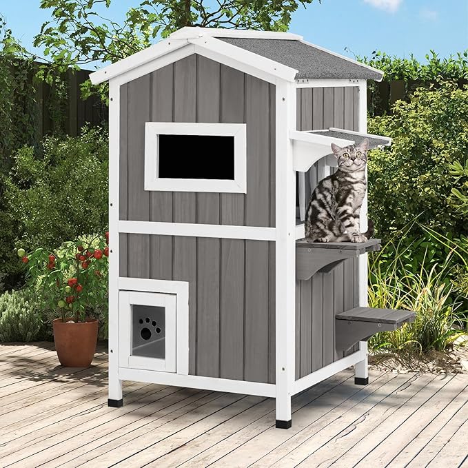 PetsCosset Insulated Cat House Outdoor Weatherproof All-Round Insulation Two Story Outside Wooden Feral Cat Shelter for Winter with 2 Escape Doors, Pull Out Floor and Openable Roof for Cats, Grey