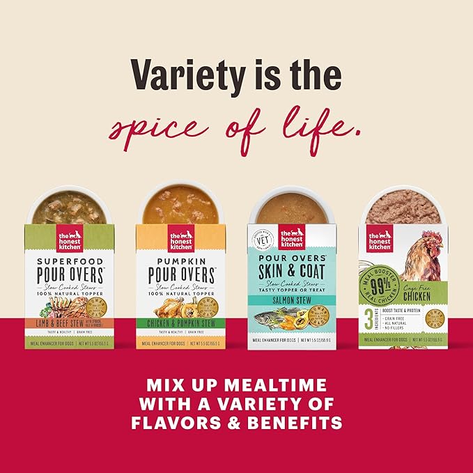 The Honest Kitchen Bone Broth POUR OVERS™ Wet Toppers for Dogs (12 pack), 5.5oz - Turkey & Salmon Stew