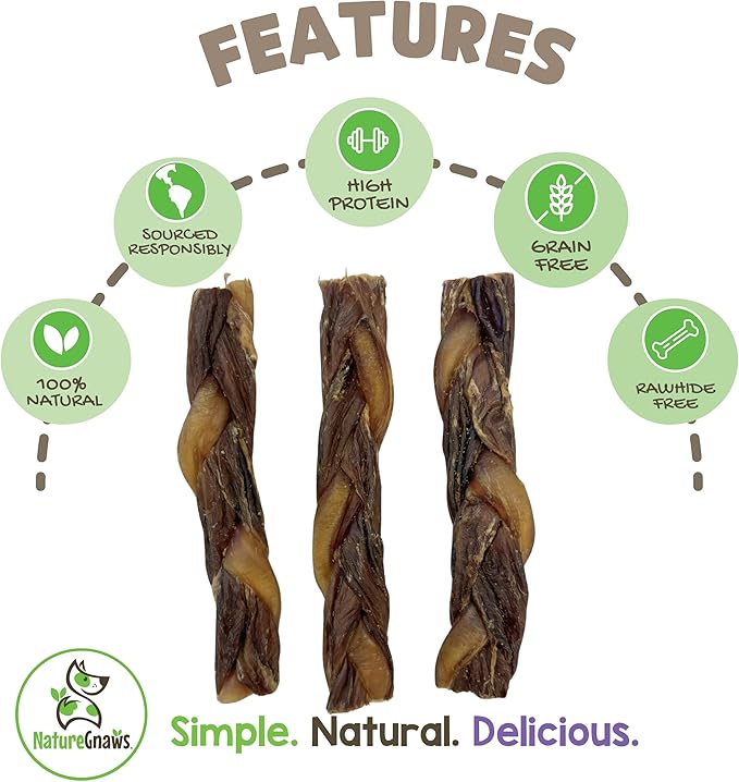Nature Gnaws Braided Bully Twists for Dogs 5-6" (3 Count) - Long Lasting for Small and Medium Dogs - Natural Beef Dog Chew Bones