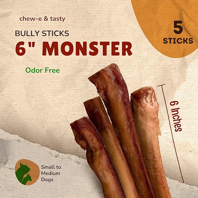 chew-e&tasty Premium Grade 6" Monster Bully Sticks (Pack of 5) - All Natural Free-Range Odor Free High Protein Dental Dog Chews Safest Long Lasting Pizzle Chews to Keep Your Dog Busy for Large Dogs