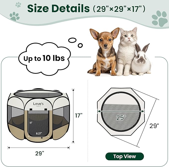 Love's cabin Pet Puppy Dog Playpen, Small Dog Tent Crates Cage Indoor/Outdoor, Portable Playpen for Cat, Foldable Pop Up Dog Kennel Playpen with Carring Case, Removable Zipper Top, Khaki