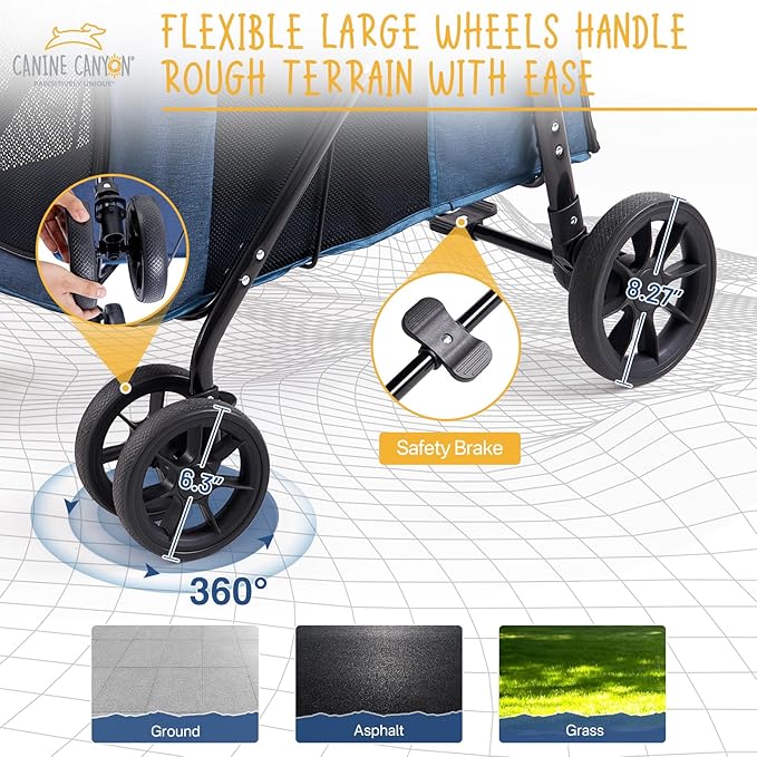 Scout 4 Wheels Pet Stroller for Small/Medium Dogs- One Button Fold, Adjustable Mesh Windows and Shades, 360° Swivel Front Wheels and Rear Wheel Brake, Navy Blue