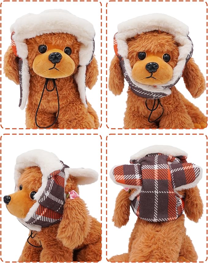 PET SHOW Dog Trapper Hat Winter Hat for Small Dogs Fall Thanksgiving Warm Fleece Aviator Hats with Ear Flaps Adjustable Outdoor Boy Puppy Pet Pilot Costume Cap S-Orange Plaid/with Ear Holes