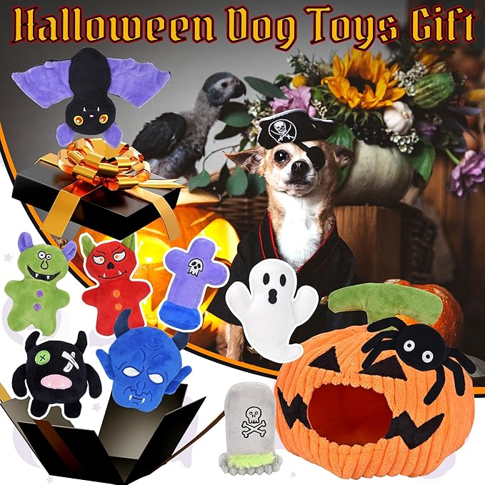 Halloween Dog Toys Set, 11 Pack Squeaky Dog Toys for Aggressive Chewers, Pumpkin Assorted Puppy Toys to Keep Them Busy, Toys Gift for Large Medium Small Dogs
