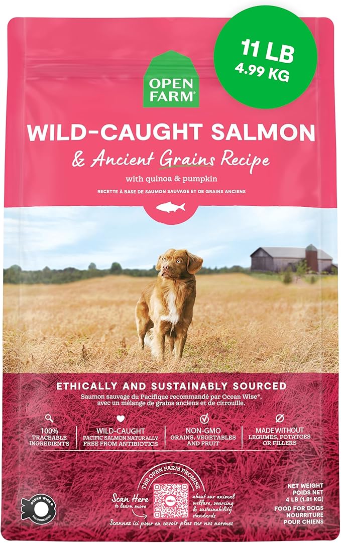 Open Farm, Ancient Grains Dry Dog Food, Protein-Rich & Nutrient Dense, 90% Animal Protein Mixed with Non-GMO Fruits, Veggies and Superfoods, Wild Caught Salmon Recipe, 11lb Bag
