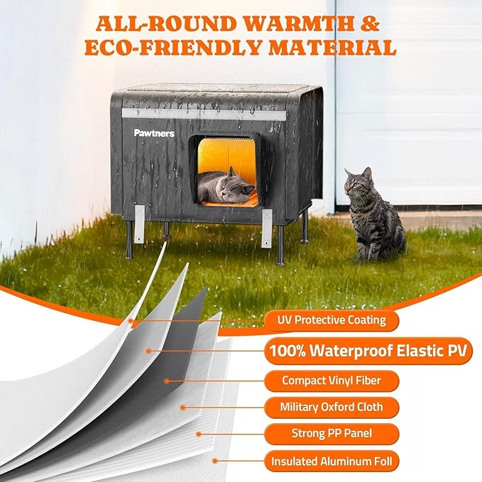 Pawtners Heated Outdoor Cat House for Outside Cats, 19'' Large Insulated Weatherproof Cat Shelter with Heated Pad, Elevated Feet & Escape Door, Warm Kitty House for Feral or Stray Cats in Winter