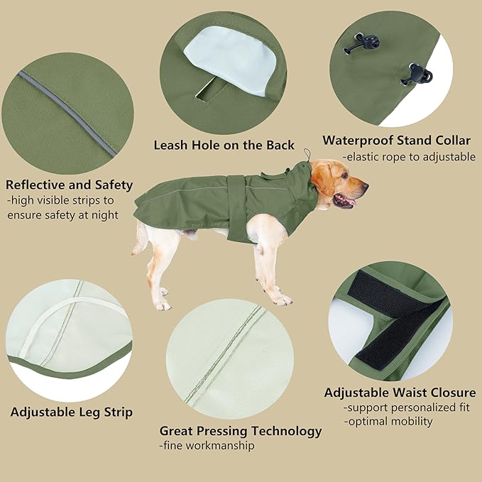 Adjustable Waterproof Dog Raincoat for Dogs,Lightweight Pet Rain Jacket Puppy Clothes with Reflective Strip for Small Medium Large Dogs (Army Green, XX-Large)