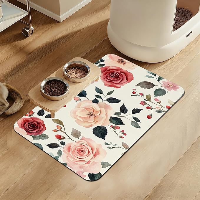 Pink Flower Leaf Pet Feeding Mat–Quick Dry Absorbent Dog Cat Food Mat, Non Slip Waterproof Bowl Placemat for Messy Eaters, Pet Accessories for Floors 12"x20"