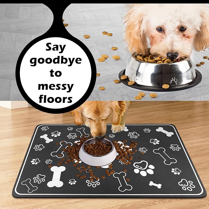 Pet Feeding Mat,Rapid Absorbent Mats for Dog Cat Food, Dog Placemat Water Bowl Mat with Rubber Backing,Messy Drinkers to Protect Floors, Pet Accessories 16"×24" Black