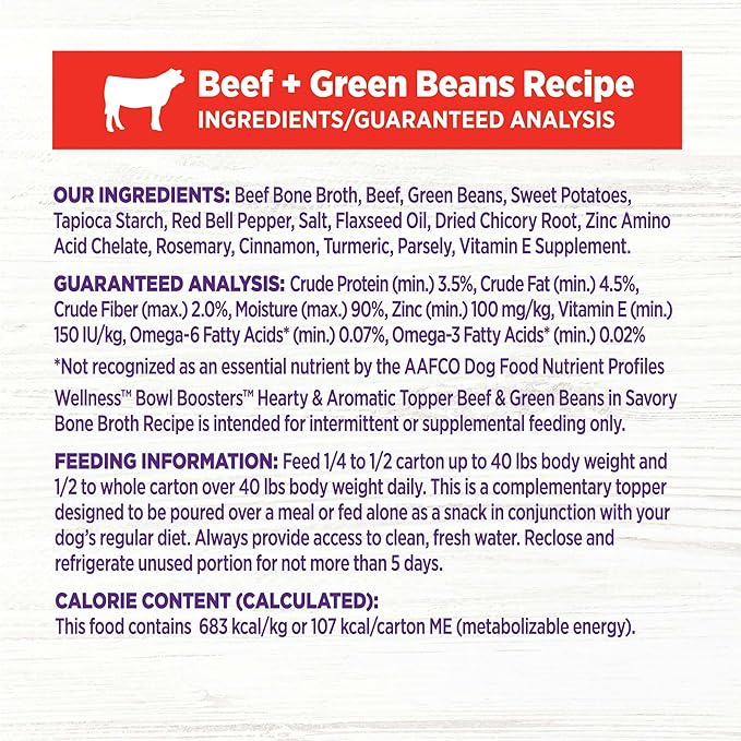 Wellness Bowl Boosters Hearty Toppers, Wet Dog Food Topper for Small, Medium, & Large Breeds, Grain Free, Natural, Beef & Green Beans in Broth, 5.5 Ounce Pouch (Pack of 12)